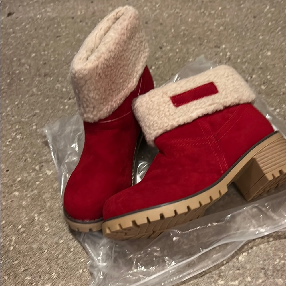 Red Suede Ankle Boots with Faux Fur Lining